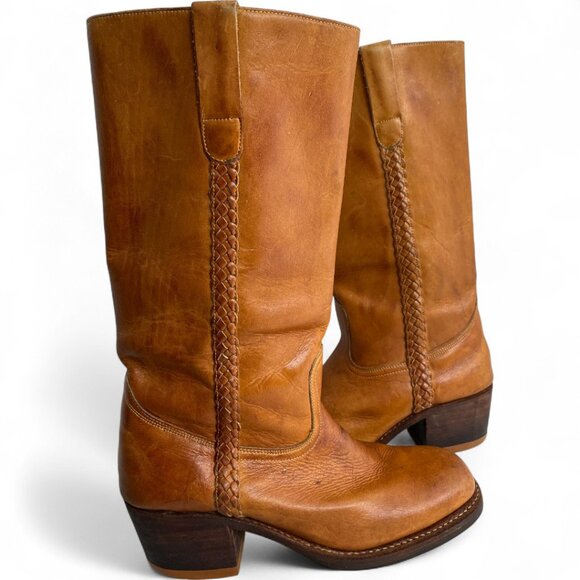 Vintage Carmel Brown Tall Leather Campus Boots Women's 8.5 D - Picture 1 of 14